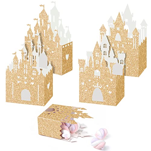 Chrisfall 24 Pieces Princess Castle Candy Boxes Glitter Princess Castle Party Decorations Birthday Favor Boxes for Wedding Birthday Party Supplies(Gold)