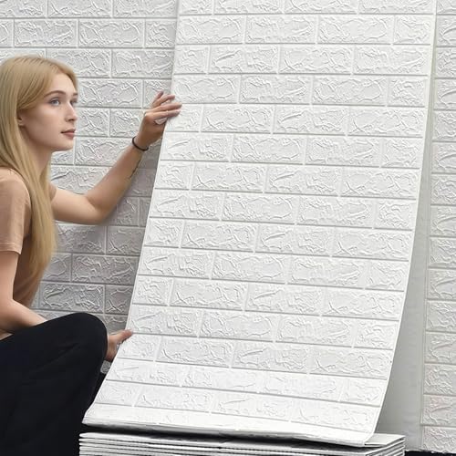 3D Wandpaneele Selbstklebend 70 cm x 10 M - Tapete Steinoptik Tapete Ziegel, Wasserdicht Wandaufkleber Ziegelstein, Wandtapete für Küche Schlafzimmer, Wohnzimmer, Hintergrund TV-Decor (Weiß, 10 M)