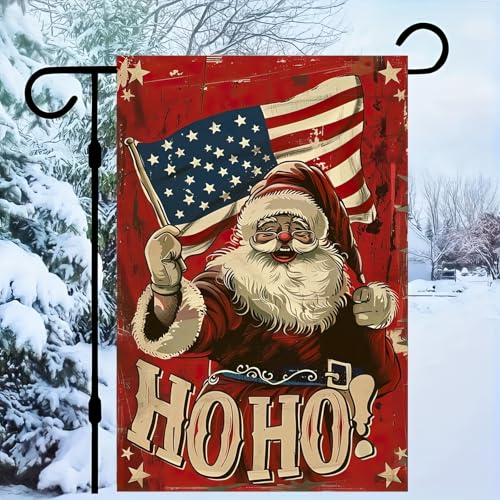 Image of Blissyard Patriotic Christmas Santa Claus Garden Flag 12 x 18 Inch Double Sided America Flag Winter Outdoor Holiday Ho Ho Ho Merry Christmas Banner USA Seasonal Yard Decorative Flag