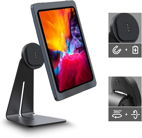 Soporte magnético para iPad con cargador rápido de 18 W. Forma clásica de L, base de metal resistente, imanes fuertes, rotación de 360°, inclinación