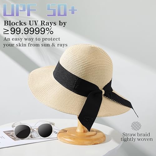 Image of Beach Sun Straw Hats for Women, UPF 50+ UV Sun Protection Wide Brim Summer Straw Hat Foldable Packable Roll up Cap