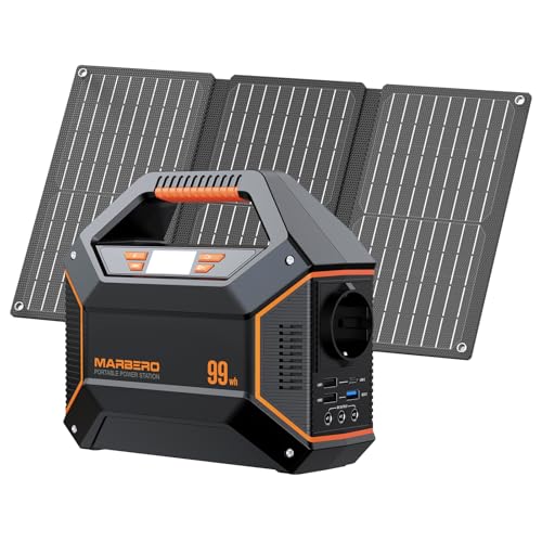 MARBERO Power Station 100W Batterie Externe 99Wh 27.000mAh avec Panneau Solaire Pliable 30W avec Prise EU Groupe Electrogene Silencieux, Lampe Torche SOS Pour...