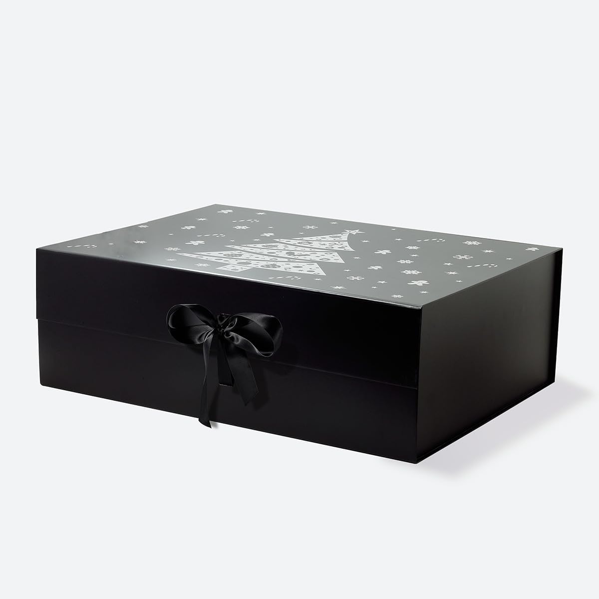 Geoto 23.6x17.3x7.87in XXL Christmas Tree Painting Magnetic Flap Gift Boxes,Luxury Big Collapsible Box for XMAS Present Packaging(Black with Ribbon)