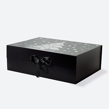 Geoto 23.6x17.3x7.87in XXL Christmas Tree Painting Magnetic Flap Gift Boxes,Luxury Big Collapsible Box for XMAS Present PackagingBlack with Ribbon