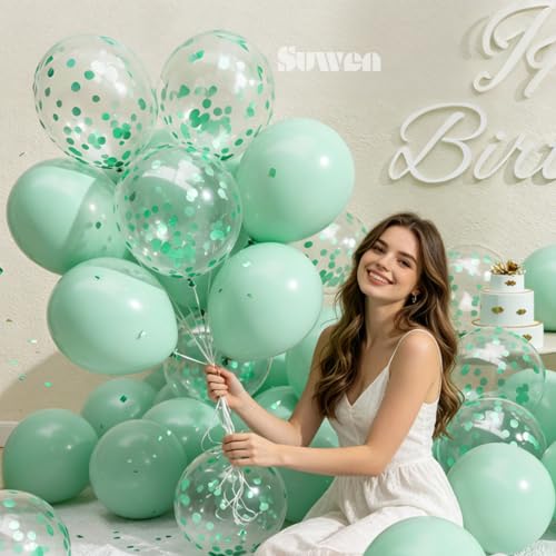 Image of SUWEN 47PCS Mint Green Latex and Confetti Light Pastel Green Balloons Set