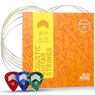 Acoustic Guitar Strings 80/20 Bronze 1 Pack for 6 String Guitars 12-53 Light with 2 Free Strings & 3 Picks. Durable and Premium for Bright Sound Experience - Les Beatles, Paul McCartney, John Lennon, RIngo Starr, George Harrison
