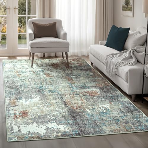 artyrugs Tappeto Lavabile in Lavatrice, 122x170cm, 75% Cotone Riciclato, Pelo Corto, Fondo Antiscivolo, Tappeti per Soggiorno, Camera da Letto, Cucina, Corridoio, Ufficio, Turchese Scuro & Marrone