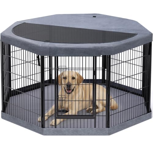 Image of PETIME Dog Playpen,Metal Exercise Puppy Pen Heavy Duty Kennels Yard Fence Indoor /Outdoor 8 Panels Dog Cage with Octagon Top Cover /Bottom Pad (Playpen+Octagon Top+Bottom, Grey, 40 inch H)
