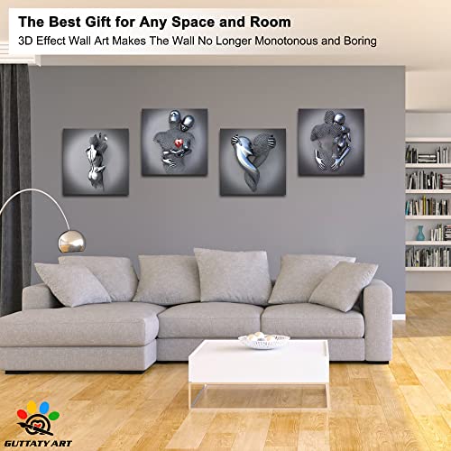 Modern Love Heart Gray-3D Art Wall, 3D Effect Love Heart Canvas Wall Art, Modern Silver Canvas Wall Art For Living Room, Kissing & Hugging Pose Pattern Canvas Prints For Couples Bedroom 20"X20"X4Pcs #TOP1