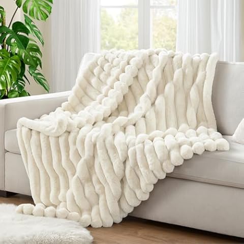 Hyde Lane Ultra Soft Faux Rabbit Fur Throw Blanket, Warm Plush Striped Blankets Twin Size – Luxury Home Decor, Fluffy Throws for Couch, Chair, Sofa, 750GSM (Cream, 60"x80") Cover