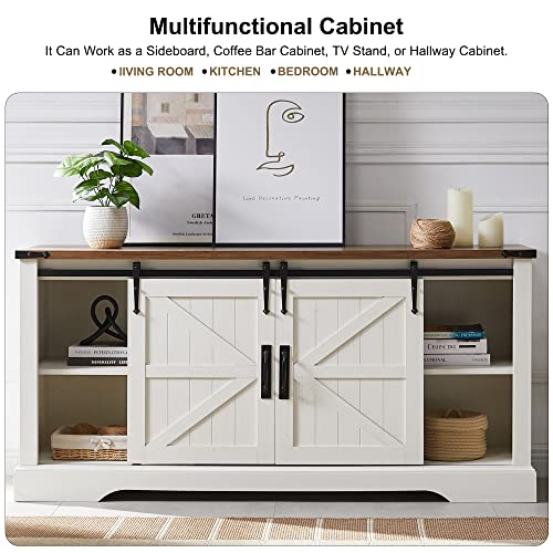 Okd Farmhouse Coffee Bar Cabinet, 58 Inch Buffet Sideboard Cabinet W/Sliding Barn Door, Adjustable Storage Shelves, Rustic Kitchen Storage Cabinet For Dining Room, Living Room, Antique White #TOP6