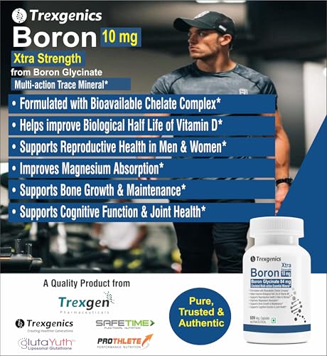 Image of Trexgenics Boron 10 mg XTRA STRENGTH from Boron Glycinate Multi-action Mineral, Bone, Cognitive Function, Reproductive & Joint Health ((60 Veg Capsules)