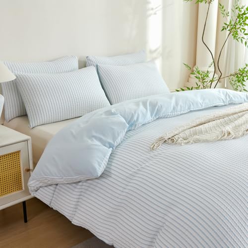 Image of Cornflower Blue Striped Comforter Set Queen - 3 Pieces Bedding Comforter Set for All Season, Soft Lightweight Washed Microfiber, 1 Striped Comforter and 2 Pillowcases (Blue, Queen Size)