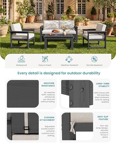 Image of SERWALL 4 Pieces HDPE Outdoor Sofa Set with Cushions, All Weather Use Loveseat Furniture Sofa Set, Outdoor Conversation Couch with Coffee Table for Patio, Grey Frame with Khaki Cushions