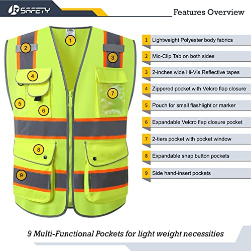 Image of JKSafety 9 Pockets Hi-Vis Neon Yellow Color Zipper Front Safety Vest with Fluorescent Orange Extend Edge outlining the Reflective Tapes Meet ANSI /ISEA Class 2 Standard (901-Yellow, XX-Large)