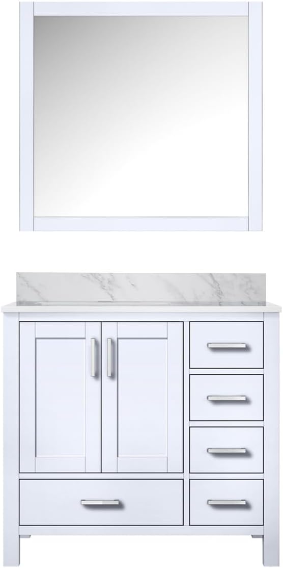 Jacques 36 in. W x 22 in. D Left Offset White Bath Vanity, Carrara Marble Top and 34 in. Mirrors