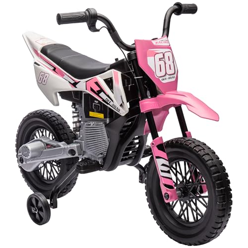 Qaba Kids Dirt Bike with Twist Grip Throttle, 12V Electric Motorcycle, Electric Bike for Toddler with Training Wheels, Rear Suspension & Music, Pink