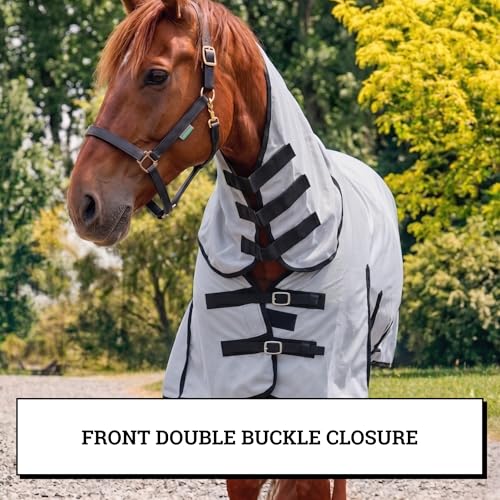 Image of Horse Fly Sheet with Attached Neck Cover & Tail Flap | UV Protection Mesh Horse Blanket, Full Body Bug & Sun Shield, Buckles, Belly Wrap & Gussets for Spring Summer Riding Rug (Silver, 74 inch)