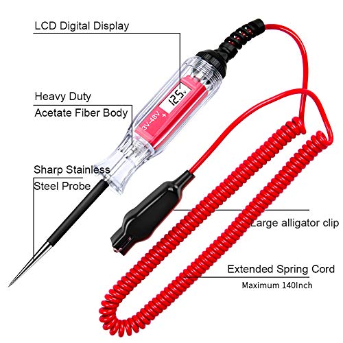 Large Size Heavy Duty 3-48V Digital Lcd Circuit Tester With 140 Inch Extended Spring Wire,Car Truck Low Voltage & Light Tester With Stainless Probe #TOP2