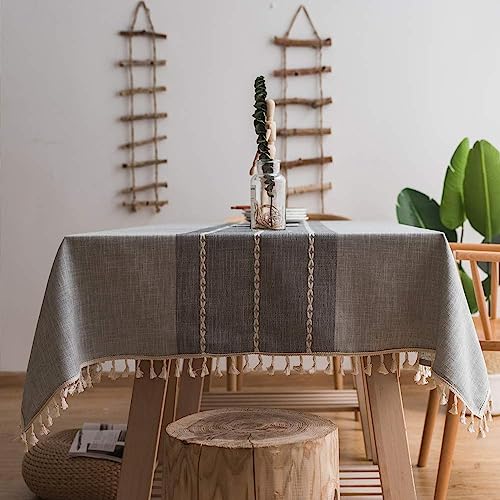Lamberia Cotton Linen Tablecloths with Tassel for Rectangle Tables Heavyweight Burlap Table Cover for Kitchen Dinning Tabletop Decoration (Gray, 55