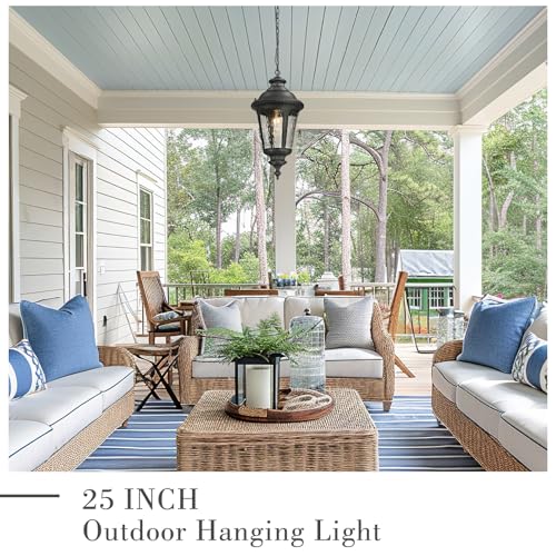 Image of Emliviar Large Outdoor Pendant Lights for Porch, 25 inch Black Exterior Hanging Lantern with Water Ripple Glass, XE265H-SW BK