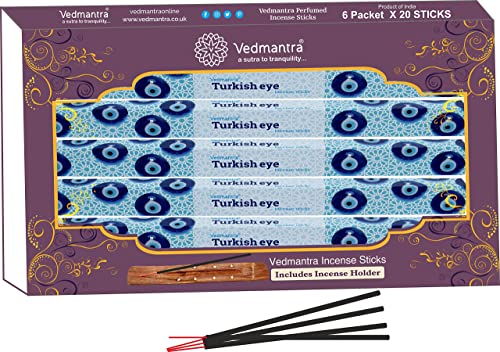 Vedmantra® Coffret cadeau d'encens œil turc de qualité supérieure | 20 bâtons dans chaque paquet + porte-encens (œil turc Vedmanta + support) Cover