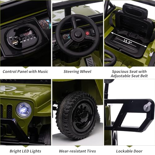Ride On Truck Car 12V Kids Electric Vehicles,Electric Ride On Car Toys with Remote Control, Spring Suspension, Various Speeds, Led Lights, Music, and Safety Belt for Boys and Girls,Green