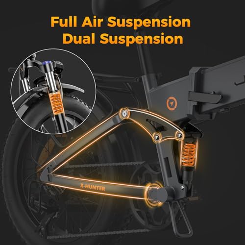 Jasion X-Hunter Electric Bike for Adults,1400W Peak Motor 30MPH Max Speed,48V 13AH Removable Battery,20 * 4.0 Fat Tire Foldable Ebike Full Suspension System,7-Speed Bicycles,with Saddle Bag