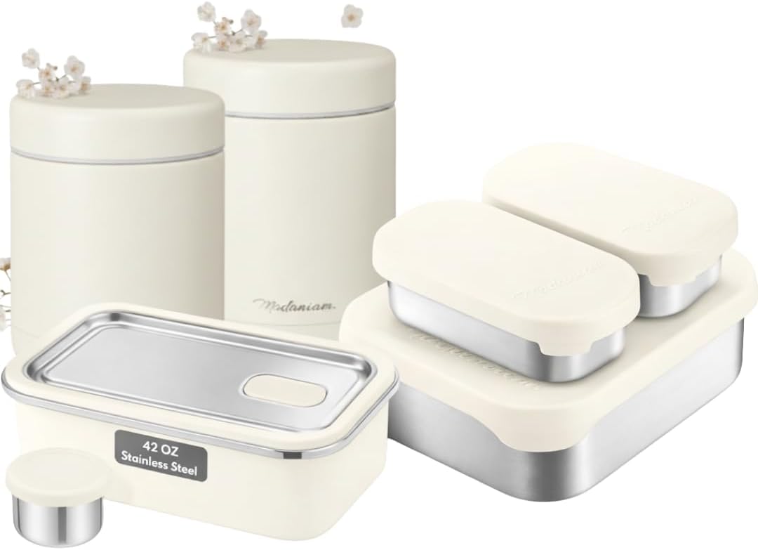 STainless Steel Lunch Box Bundle- Insulated Jars (12 OZ+ 16 OZ), 42 OZ Lunch Box Container, 27 OZ Snack Containers - Vanilla