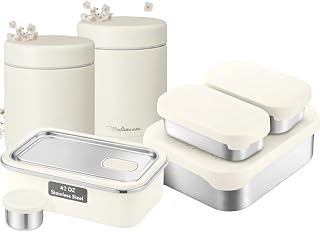 Modaniam STainless Steel Lunch Box Bundle- Insulated Jars (12 OZ+ 16 OZ), 42 OZ Lunch Box Container, 27 OZ Snack Containers - Vanilla
