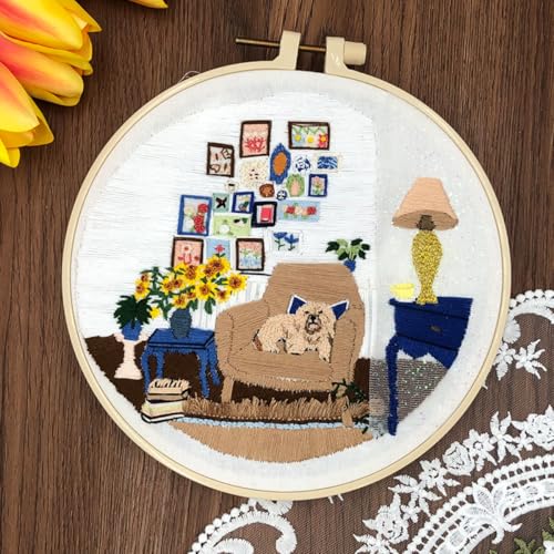 N.LANSHAN Stickerei Set Anfänger Stick-Starter-Set „Hund Auf Dem Sofa“,Sonnenblumen-Nadel-Set Für Erwachsene,Starterset Mit Ausführlicher Anleitung,Fäden,Rahmen,Nadeln,Schere,Stoff 30x30cm