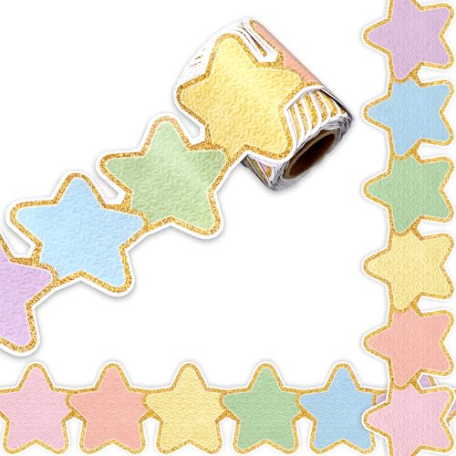 Image of Whaline 32.8ft Star Bulletin Board Border Pastel Color Star Die-Cut Rolled Border Trim with Gold Edge for Back to School Classroom Chalkboard Wall Decoration