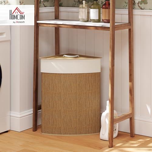 HOMCOM Bamboo Laundry Basket with Lid, 55L Corner Laundry Hamper with Removable Washable Liner Bag, Bathroom Triangle Washing Basket, 35 x 35 x 60 cm, Brown - Image 2