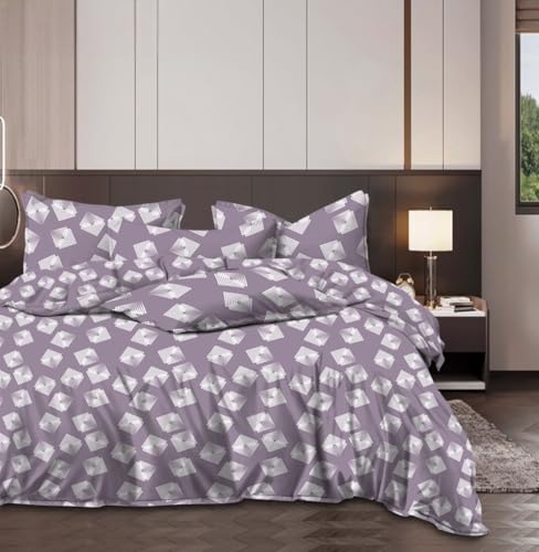 Image of Cotton Bedding Set King Size| 300 TC Double Bed Duvet Cover with Zipper (90x100 in), Double Bed Fitted Bedsheet (72x78+10 in Depth), 2 Pillow Covers (18x28 in) |Warm|DBC 052|Purple Box