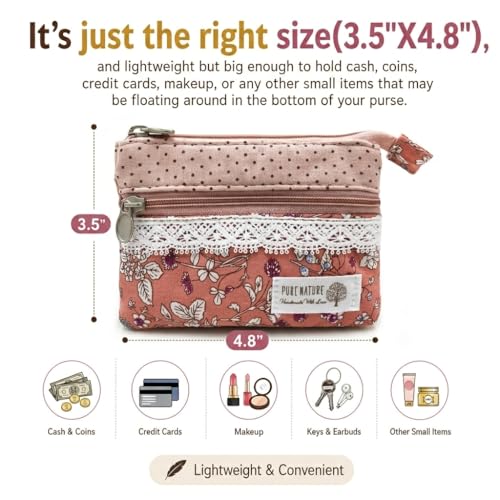 Image of Women Small Zipper Coin Purse, Handmade Fabric Flower Embroidered Change Pouch, Cotton Double Zipper Wallet
