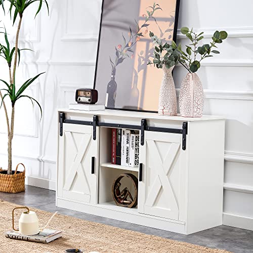 Meihua 47 Inch Farmhouse TV Stand Sliding Barn Door, Wood Entertainment Center for TV up to 65 Inch with Storage Cabinets, Mid Century Modern Console Table for Living Room Bedroom (White)