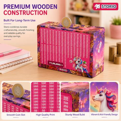 Image of Storio Unicorn Wooden Piggy Bank with Counter for Kids & Adults, Money Saving Box, Wooden Coin Bank with Number Counter, Cash Savings Bank, Coin Collection Box for Home Office Decor