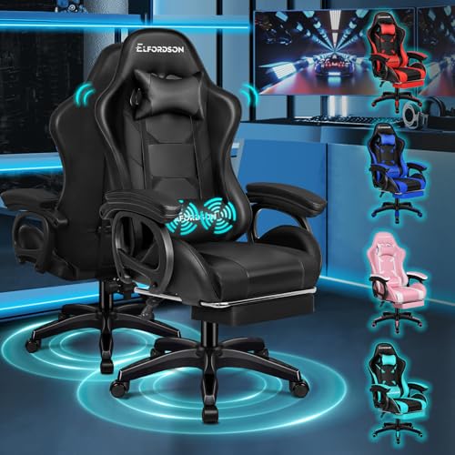 ELFORDSON Gaming Chair with 2-point Massage Lumbar Cushion High Back PC Computer Game Chair 150 Reclining Office Chair with Headrest & Footrest 360 Swivel Home Esports PU Leather Black