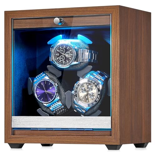 ANWBROAD Watch Winder for Automatic Watches, Wooden 3 Watch Winders, 4 Modes Automatic Watch Winder Box with Quiet Japan Motor, LED Watch Spinner with Foam Pillows, AC Adapter for Man UJWW013M