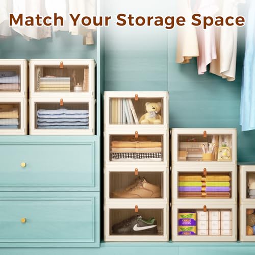 4 Tier Stackable Plastic Storage Bins with Lid and Wheels - 23 QT Closet Organizers and Storage, Foldable Storage Containers, Organization and Storage Boxes for Craft, Home, Pantry, Dorm,Yellow