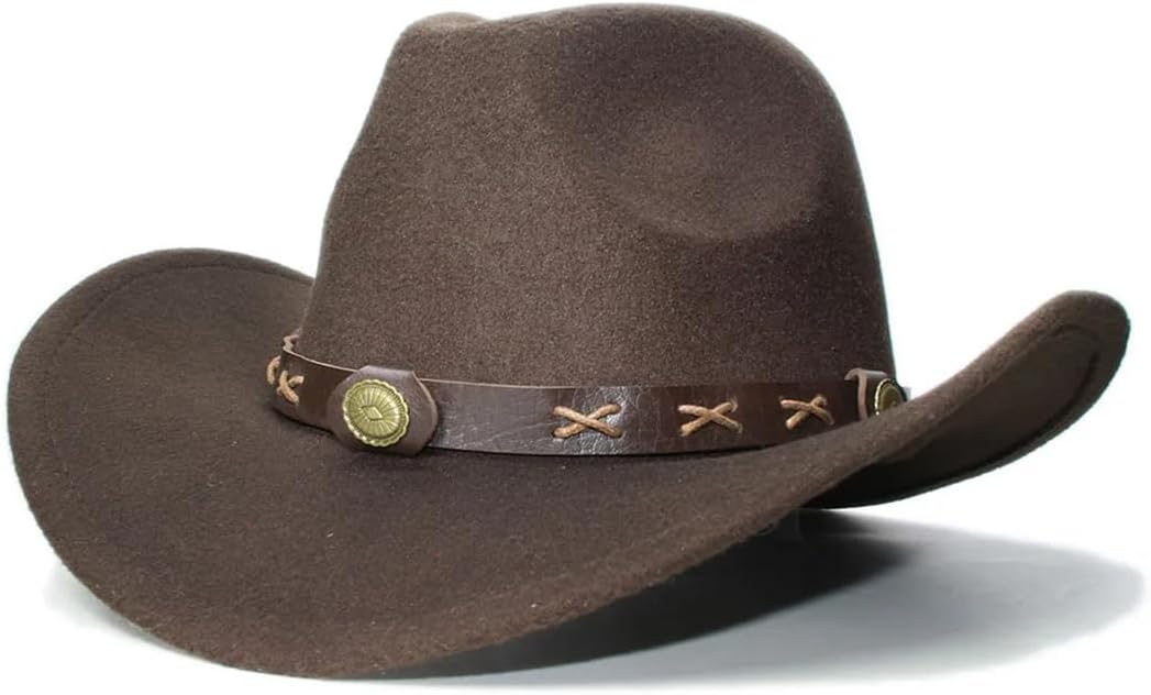Wool Felt Wide Brim Cowboy Western Cowgirl Bowler Hat Fedora Cap Coffee Alloy Bead Leather Band 54Cm/Adjust