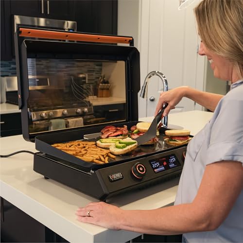 Blackstone 22-Inch Electric Griddle - 1600W Non Stick Ceramic Titanium Coated Stainless Steel Tabletop Griddle with EZ-Touch Control Dial, LCD Display, Patented Rotate & Remove Glass Hood - 8001