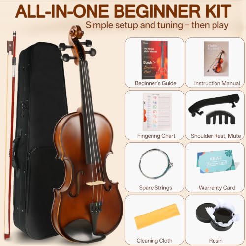 Image of Kmise Teacher Approved 4 /4 Full Size Violin Starter Kit for Adults Beginners Students, Tough Jujube Wood Acoustic Violins, Fiddle Bundle with Case, Bow, Rosin, Strings, Shoulder Rest & Guide