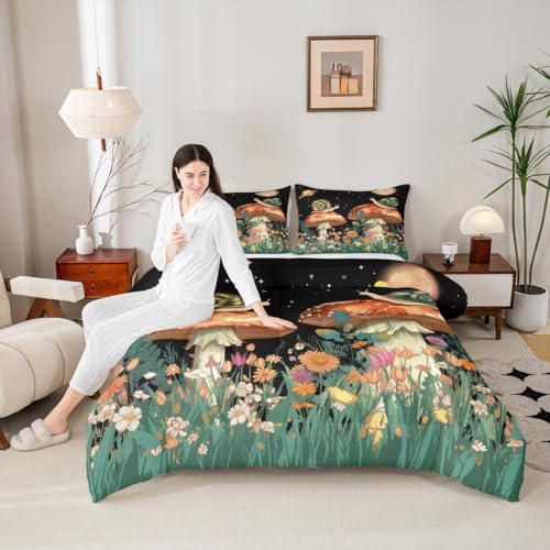 Image of Feelyou Mushroom Floral Botanical Comforter Set Twin Size Kids Boys Girls | Teens Butterfly Snail Nature Duvet Set Room Decor 2Pcs Warm Cozy Breathable Lightweight All Season