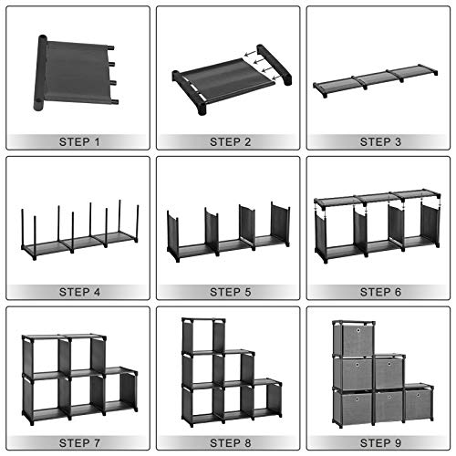 SONGMICS Steckregal 6 Würfel Aufbewahrungssystem mit 6 Stoffboxen DIY Schrank multifunktional mit robustem Metallrahmen Gummihammer 105 x 105 x 30 (B x H x T) Schwarz LSN66BK