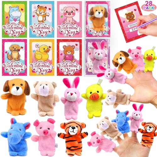 AMENON 28 Pack Valentines Day Gifts for Kids with Animal Finger Puppet Plush Toy (7 designs) Valentines Cards for Kids Boys Girls School Valentine...