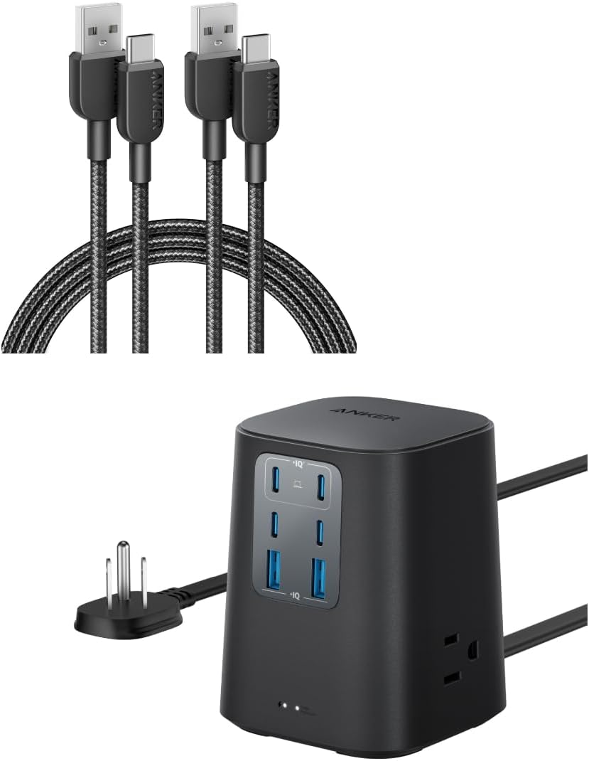 USB C Charger Cable [2 Pack, 6ft], 310 Type C Charger Cable Fast Charging Charging Station (100W), 9-in-1 USB C Power Strip with 300J Surge Protection