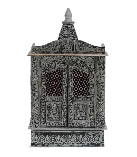 YATHABI Pooja Mandir Silver & Aluminium Fitted With Door White Oxidized Plated Wall Hanging Temple for Idol figure Worship Puja Stand for Home Office Décor (L12 X W6 X H21 In Inches)