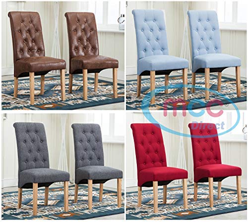 Set of 2 Linen Fabric Dining Chairs Roll Top Scroll High Back For Home & Commercial Restaurants [Brown* Grey* Red* Blue*] (Brown)