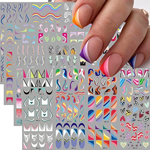 Yosomk 48 Sheets Geometric Nail Art Stickers Colorful Stripes Line Nail Decals 3D Rainbow Water Transfer Nail Art Supplies French Tip Watermark Design Nail Accessories For Women Nail Decorations. #TOP15